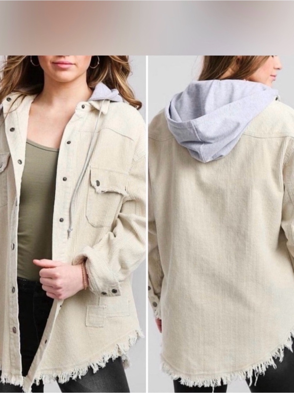 Oli & Hali Cream Corduroy Utility Jacket with Gray Hood